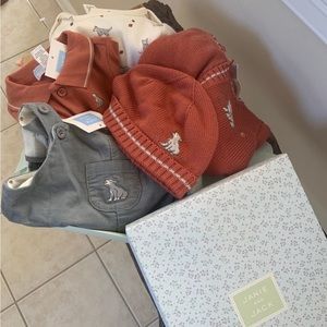 Janie and Jack NWT 2 onesies with matching overalls sweater and hat. 3-6 months